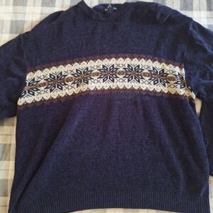 XL Men's Navy Blue Patterned Sweater Vintage